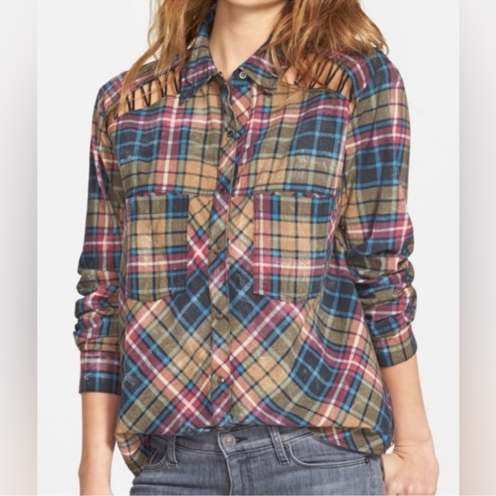 Free People Stitch Detail Plaid Long Sleeve Snap Button Top  $108